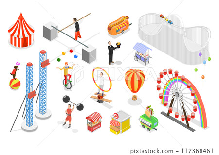 3D Isometric Flat Set of Circus Attributes, Street Performer Items and Characters 3D Isometric Flat Set of Circus Attributes, Street Performer Items and Characters 117368461