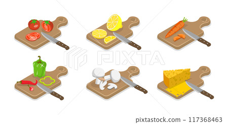 3D Isometric Flat  Set of Cooking Food Process, Meat, Fish, Vegetable Chopping Slices on a Board 117368463