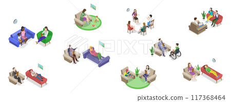 3D Isometric Flat  Set of Psychotherapy Session Scenes, Mental Health 117368464