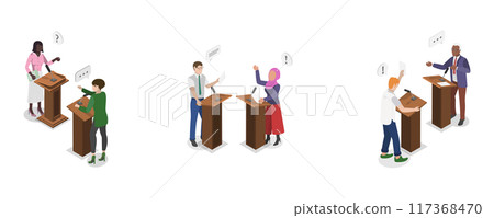 3D Isometric Flat  Illustration of Political Debates, Stage Communication with Arguments 117368470