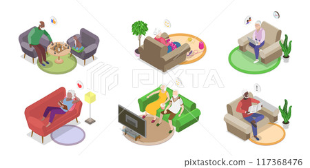 3D Isometric Flat  Illustration of Senior People Rest At Home, Retiree Lifestyle 117368476