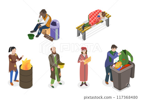 3D Isometric Flat  Set of Homeless People, Poverty, Unemployed and Refugees 117368480
