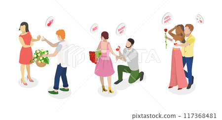 3D Isometric Flat  Illustration of Marriage Proposal Rejection, Wedding Refusal 117368481