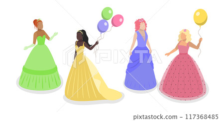 3D Isometric Flat  Set of Princess Characters, Beautiful Girlish Dress 117368485