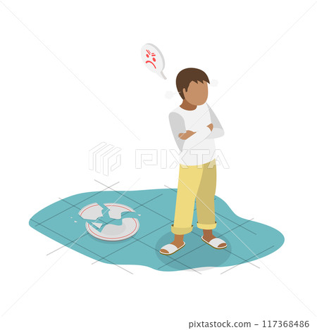 3D Isometric Flat  Illustration of Naughty Angry Child, Unobedient Little Boy 117368486