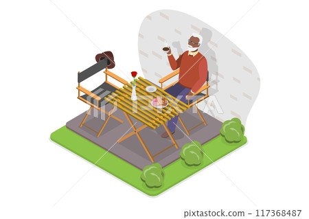 3D Isometric Flat  Illustration of Cute Elderly Man Relaxing In Coffee House, Happy Life of Older People 117368487