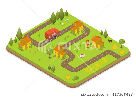 3D Isometric Flat Illustration of Delivery Service In Rural Area, Summer Landscape 3D Isometric Flat Illustration of Delivery Service In Rural Area, Summer Landscape 117368488
