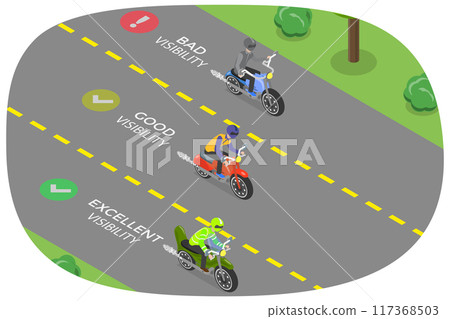 3D Isometric Flat  Illustration of Visibility Of Motorcycle Rider, Safety Ttips and Rules 117368503
