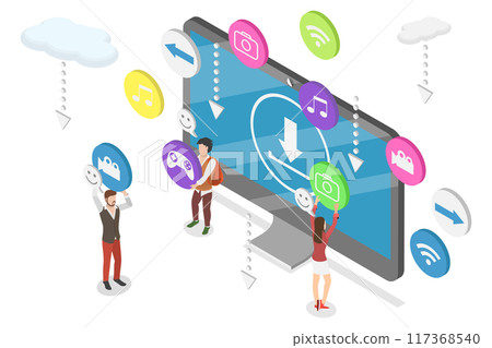 3D Isometric Flat  Illustration of Free Download, File Transfer 117368540