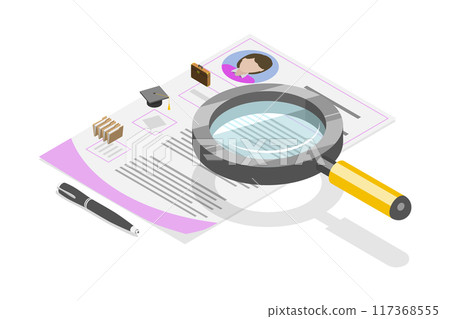 3D Isometric Flat Illustration of Resume, Curriculum Vitae, CV Application 3D Isometric Flat Illustration of Resume, Curriculum Vitae, CV Application 117368555
