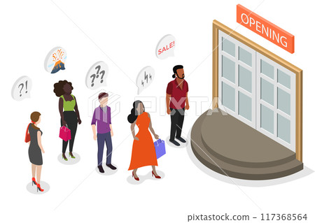 3D Isometric Flat Illustration of Sale, Line of Customers Waiting Store Opening at Entrance 3D Isometric Flat Illustration of Sale, Line of Customers Waiting Store Opening at Entrance 117368564