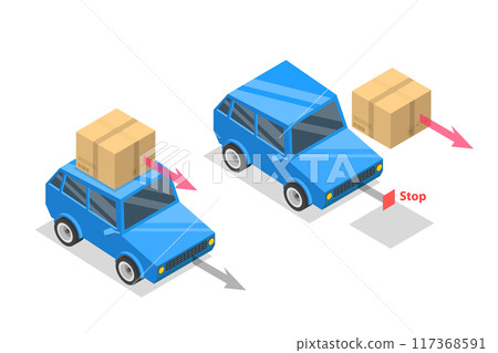 3D Isometric Flat Illustration of Newtons First Law Motion, Educational Physic Example 3D Isometric Flat Illustration of Newtons First Law Motion, Educational Physic Example 117368591