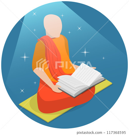 3D Isometric Flat  Illustration of Buddhist Monk, Searching for Wisdom 117368595
