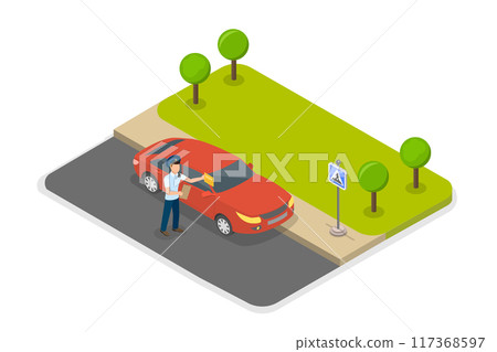3D Isometric Flat  Illustration of Parking Fine, Police Officer Issues a Ticket for Illegal Parking 117368597