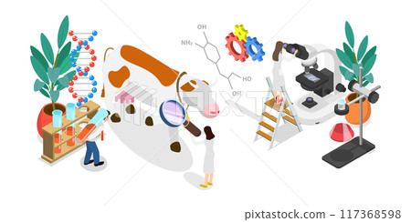 3D Isometric Flat  Illustration of Genetically Modified Animals, Gene Technology, Bioengineering 117368598