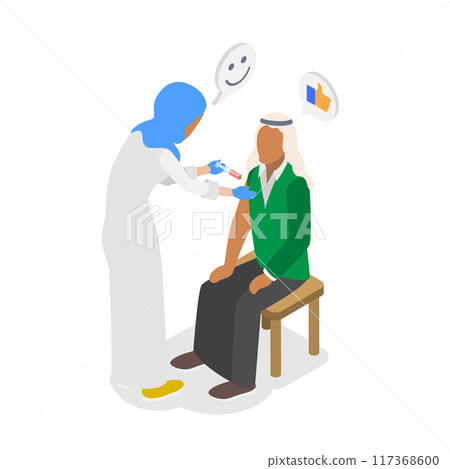 3D Isometric Flat  Illustration of Influenza Treatment, Muslim Doctor and Vaccination 117368600