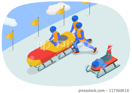 3D Isometric Flat  Illustration of Bobsleigh Outdoors Activities, Winter Time Sport 117368618