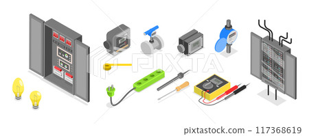 3D Isometric Flat  Set of Tools Of Electrician, Professional Equipment 117368619