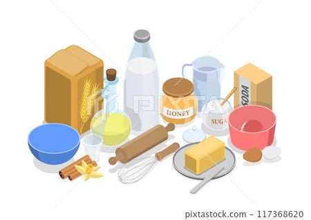 3D Isometric Flat  Set of Cooking Ingredients, Collection of Baking Items 117368620