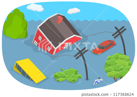 3D Isometric Flat  Illustration of Flooded City, Natural Disaster, Weather Hazard 117368624