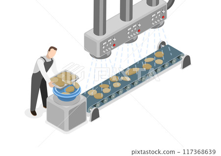 3D Isometric Flat  Illustration of Potato Chips Manufacturing Process, Assembling Line on Plant 117368639