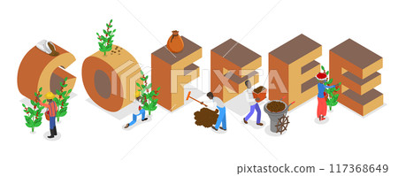 3D Isometric Flat  Illustration of Coffee Banner, Process of Production and Processing 117368649