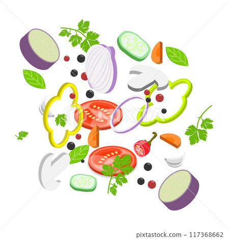 3D Isometric Flat  Set of Sliced Vegetables, Chopped Cooking Ingredients 117368662