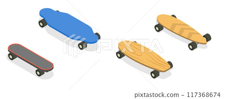 3D Isometric Flat  Set of Skateboards, Riding on Board 117368674
