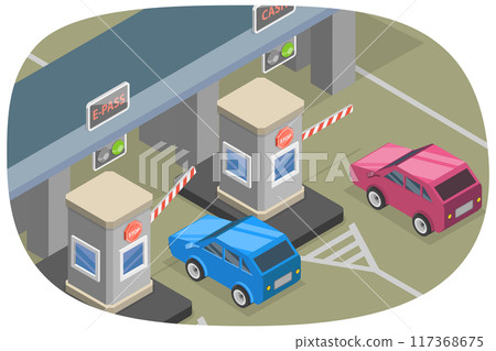 3D Isometric Flat Illustration of Checkpoint With Barriers, Highway Toll 3D Isometric Flat Illustration of Checkpoint With Barriers, Highway Toll 117368675