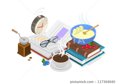 3D Isometric Flat  Illustration of Morning Rituals, Healthy Habits and Routines 117368680