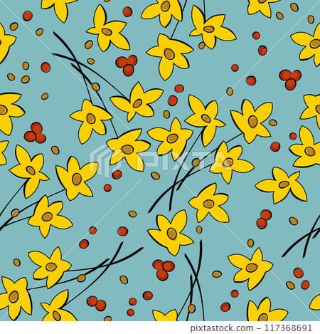 Vector seamless floral pattern with simple yellow flowers and rowanberries on light blue background Vector seamless floral pattern with simple yellow flowers and rowanberries on light blue background 117368691