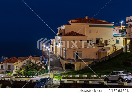 Night streets in the quiet town of Calheta on the island of Madeira 117368728