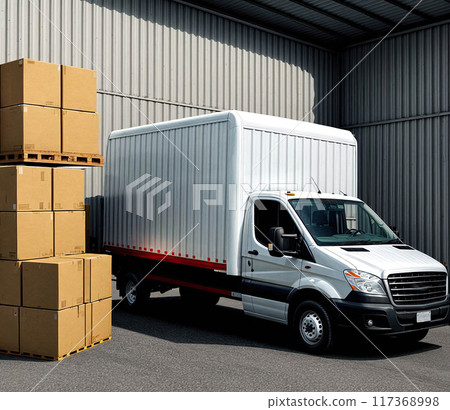 A white truck is parked in front of a stack of boxes 117368998