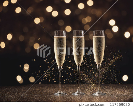 Three champagne flutes are filled with sparkling wine and are sitting on a table 117369020