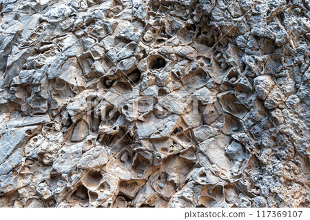 Geological structures on the coast in the village of Ribeira da Janela on the island of Madeira 117369107