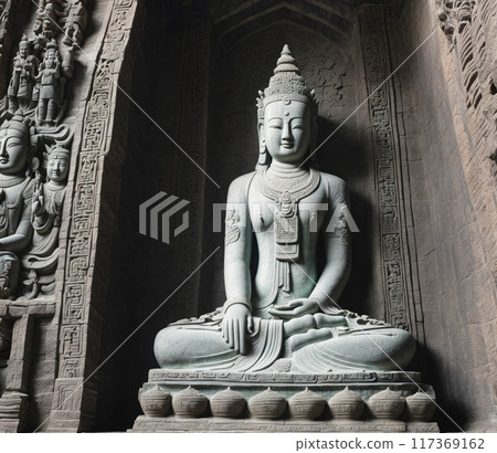 A statue of a woman sitting cross legged with her hands folded in her lap 117369162