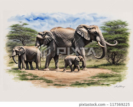 A painting of three elephants, one of which is a baby 117369225