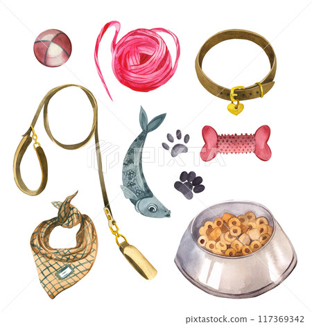 A set of watercolor illustrations. Pets, collars, leash, animal toys, a bowl of food, fish for a cat, dog and cat tracks. Suitable for printing on fabric, paper, for packaging goods for animals. A set of watercolor illustrations. Pets, collars, leash, animal toys, a bowl of food, fish for a cat, dog and cat tracks. Suitable for printing on fabric, paper, for packaging goods for animals. 117369342