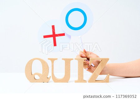 字母木塊排列著“QUIZ”和 Marubatsu 答案標籤 字母木塊排列著“QUIZ”和 Marubatsu 答案標籤 117369352