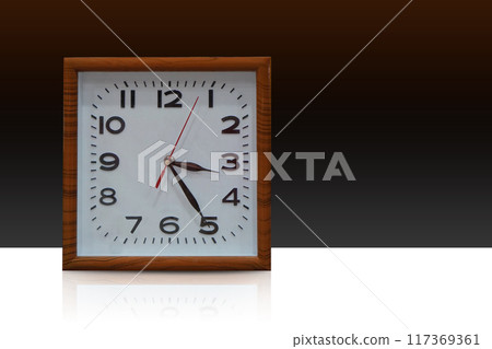 front view wooden brown and white square wall clock, on white floor, brown and black wall background, object, decor, decoration, banner, template, fashion, gift, ancient, antique, copy space front view wooden brown and white square wall clock, on white floor, brown and black wall background, object, decor, decoration, banner, template, fashion, gift, ancient, antique, copy space 117369361