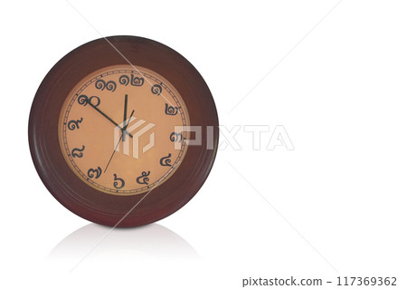 front view wooden circle wall clock, ancient black thai numbers on brown, white background, object, decor, decoration, fashion, ancient, copy space 117369362