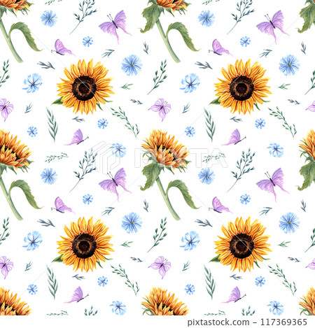 Sunflower and flying butterflies. Blooming herbs with fluttering pink insect. Seamless pattern with meadow plants. Watercolor floral illustration in rustic style. For textile, wrapping, scrapbook Sunflower and flying butterflies. Blooming herbs with fluttering pink insect. Seamless pattern with meadow plants. Watercolor floral illustration in rustic style. For textile, wrapping, scrapbook 117369365