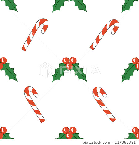 Christmas seamless pattern with candy cane and mistletoe. Banner, poster, wrapping paper, wallpaper, textile, packaging template. 117369381