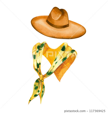 Women's clothing, wide-brimmed hat, shoulder scarf, yellow shawl. Watercolor illustration. All objects are hand-drawn with watercolors, suitable for printing on fabric, paper, for design. 117369425