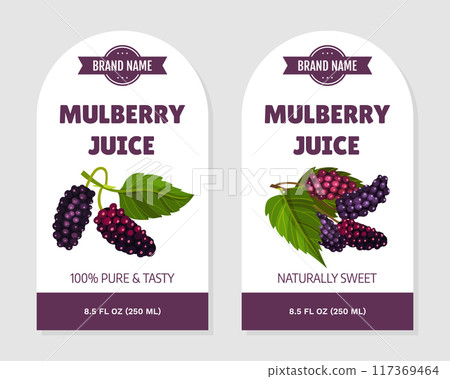 Mulberry Juice Sticker or Label Design with Garden Fruit Growing Vector Template 117369464