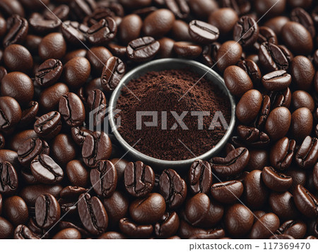 A bowl of coffee is surrounded by a pile of coffee beans 117369470