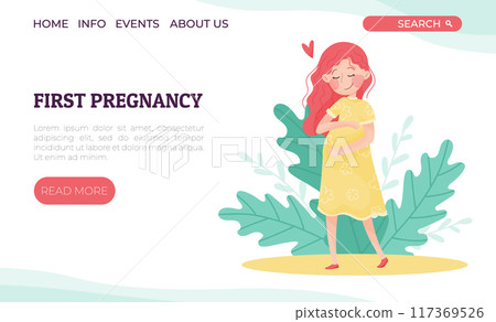 First Pregnancy Site with Young Pregnant Woman Mother Enjoy Maternity Vector Template 117369526