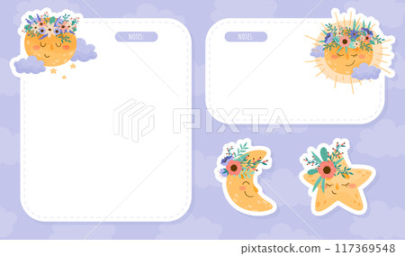 Note Card with Cute Moon with Flowers and Pretty Face Vector Template Note Card with Cute Moon with Flowers and Pretty Face Vector Template 117369548
