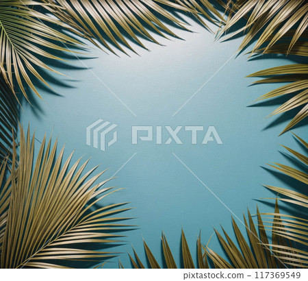A blue background with a gold leafy border 117369549