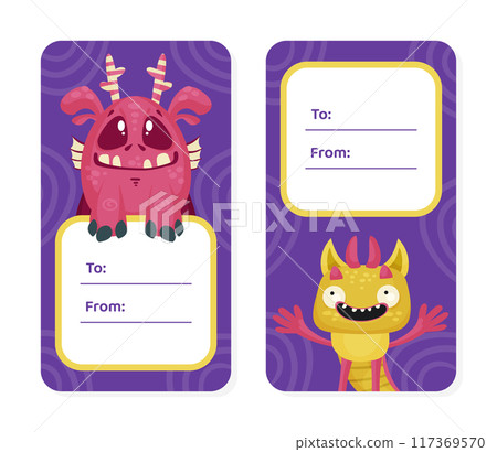 Greeting Tag with Funny Monster Character and Mutant with Friendly Face Vector Template Greeting Tag with Funny Monster Character and Mutant with Friendly Face Vector Template 117369570